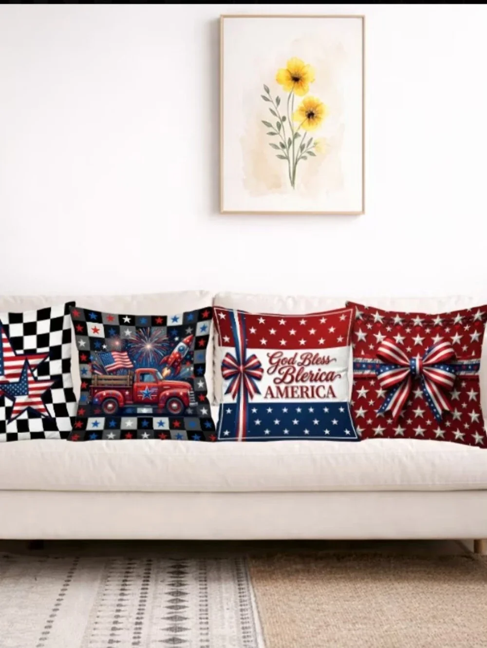 Patriotic 4-Pack Throw Pillow Covers - Red, White & Blue.  4 PCs